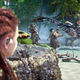 A screenshot of Horizon Forbidden West's Aloy plotting to save a captured tribe member.